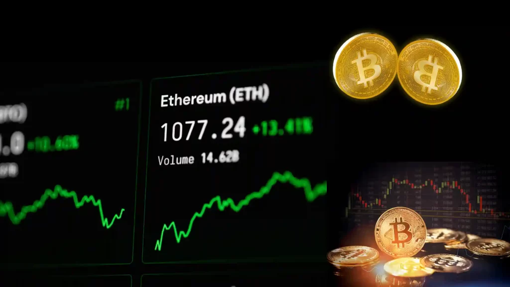 Image showing Ethereum value on a digital stock tracker with symbolic Bitcoin